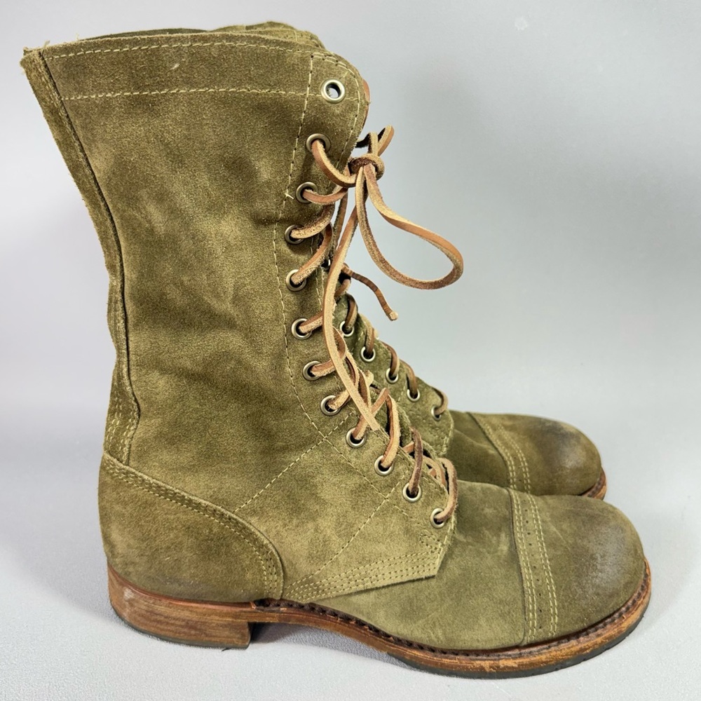 WALK-OVER VINTAGE COLLECTION Olive Green Suede Lace-Up Mid Calf Combat Boots - Picture 2 of 15